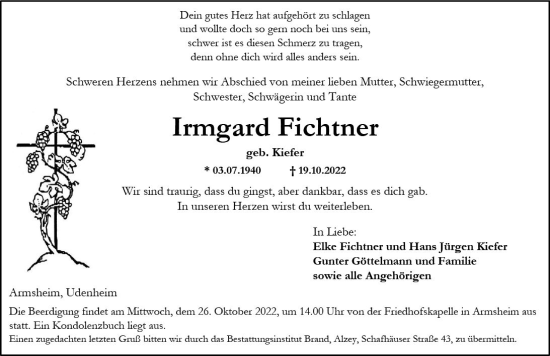 Traueranzeige von Irmgard Fichtner von vrm-trauer Allgemeine Zeitung Alzey