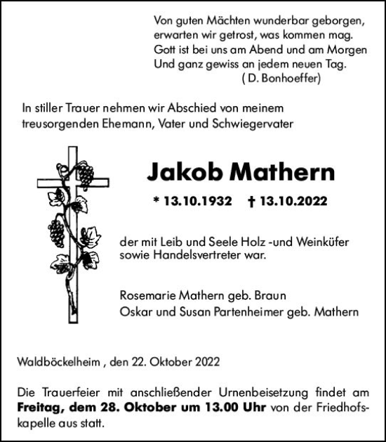 Traueranzeige von Jakob Mathern von vrm-trauer Allg. Zeitung Bad Kreuznach