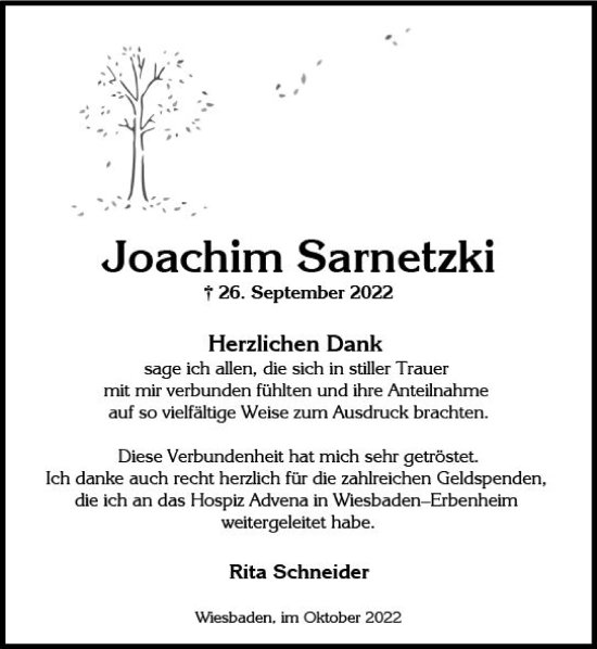 Traueranzeige von Joachim Sarnetzki von vrm-trauer Wiesbadener Kurier