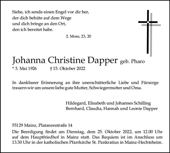 Traueranzeige von Johanna Christine Dapper von vrm-trauer AZ Mainz