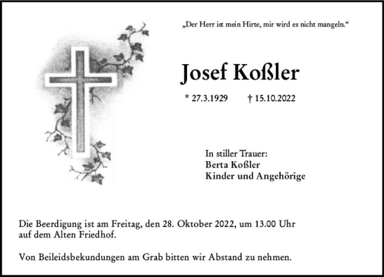 Traueranzeige von Josef Koßler von vrm-trauer Hochheimer Zeitung