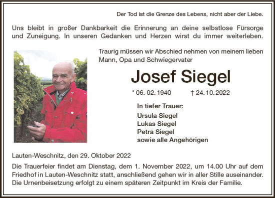 Traueranzeige von Josef Siegel von vrm-trauer Bürstädter/Lamperth. Ztg/Starkenburger