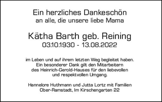 Traueranzeige von Kätha Barth von vrm-trauer Darmstädter Echo