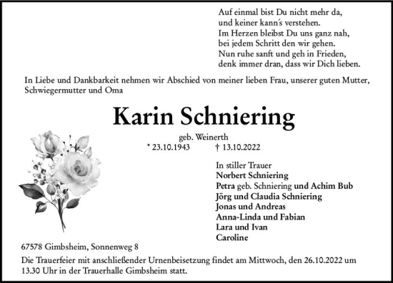Traueranzeige von Karin Schniering von vrm-trauer Wormser Zeitung