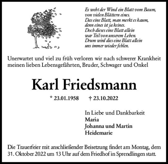 Traueranzeige von Karl Friedsmann von vrm-trauer Allgemeine  Zeitung Ingelheim-Bingen