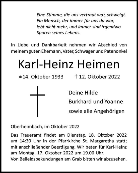 Traueranzeige von Karl-Heinz Heimen von vrm-trauer Allgemeine  Zeitung Ingelheim-Bingen