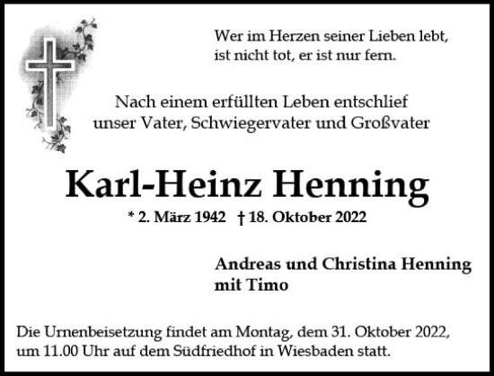 Traueranzeige von Karl-Heinz Henning von vrm-trauer Wiesbadener Kurier
