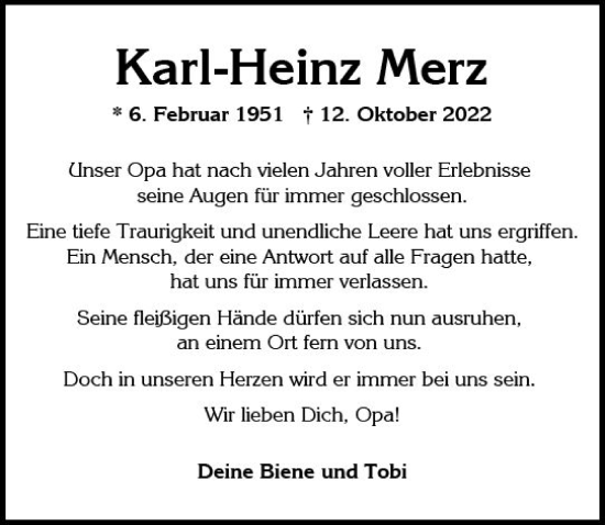 Traueranzeige von Karl-Heinz Merz von vrm-trauer Wiesbadener Kurier