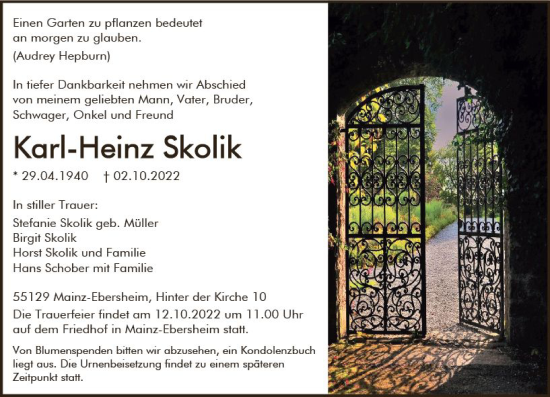 Traueranzeige von Karl-Heinz Skolik von vrm-trauer AZ Mainz