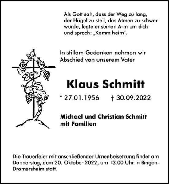 Traueranzeige von Klaus Schmitz von vrm-trauer AZ Mainz