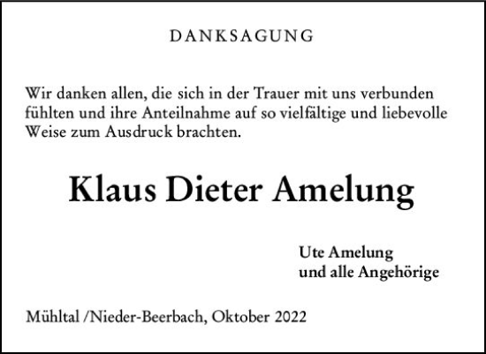 Traueranzeige von Klaus Dieter Amelung von vrm-trauer Darmstädter Echo