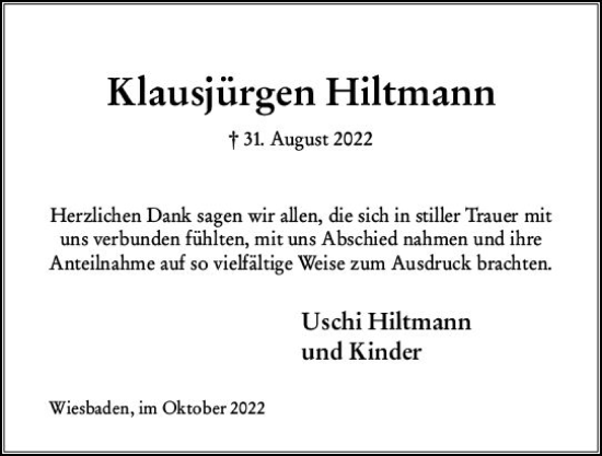 Traueranzeige von Klausjürgen Hiltmann von vrm-trauer Wiesbadener Kurier