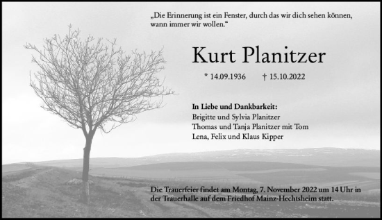 Traueranzeige von Kurt Planitzer von vrm-trauer AZ Mainz