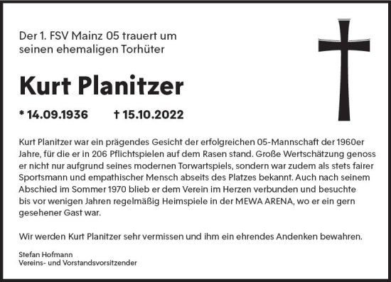Traueranzeige von Kurt Planitzer von vrm-trauer AZ Mainz