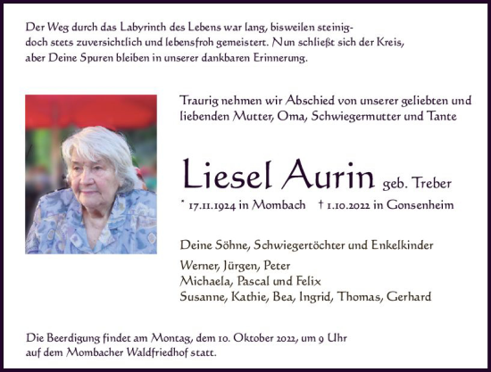 Traueranzeige von Liesel Aurin von vrm-trauer AZ Mainz