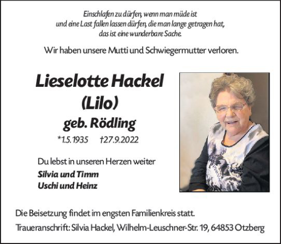 Traueranzeige von Lieselotte Hackel von vrm-trauer Darmstädter Echo