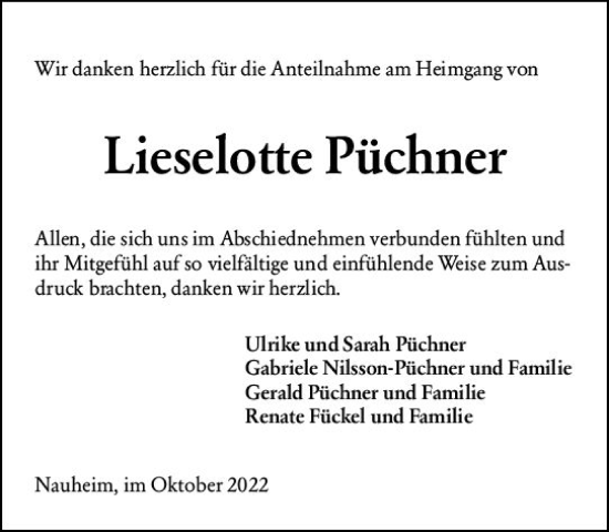 Traueranzeige von Lieselotte Püchner von vrm-trauer Groß-Gerauer Echo