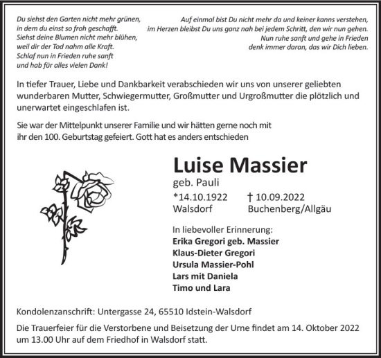 Traueranzeige von Luise Massier von vrm-trauer Idsteiner Zeitung