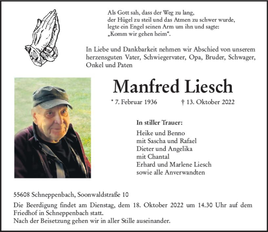 Traueranzeige von Manfred Liesch von vrm-trauer Allg. Zeitung Bad Kreuznach