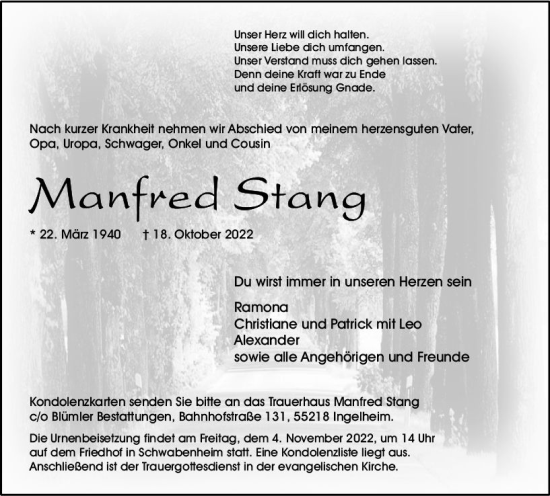 Traueranzeige von Manfred Stang von vrm-trauer Allgemeine  Zeitung Ingelheim-Bingen