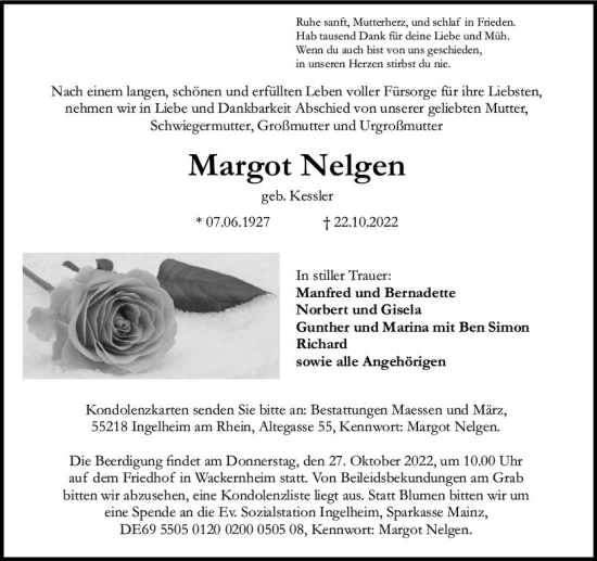 Traueranzeige von Margot Nelgen von vrm-trauer Allgemeine  Zeitung Ingelheim-Bingen