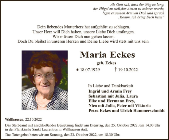 Traueranzeige von Maria Eckes von vrm-trauer Allg. Zeitung Bad Kreuznach