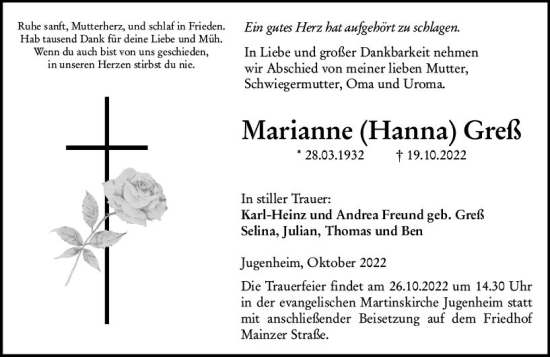Traueranzeige von Marianne Greß von vrm-trauer AZ Mainz