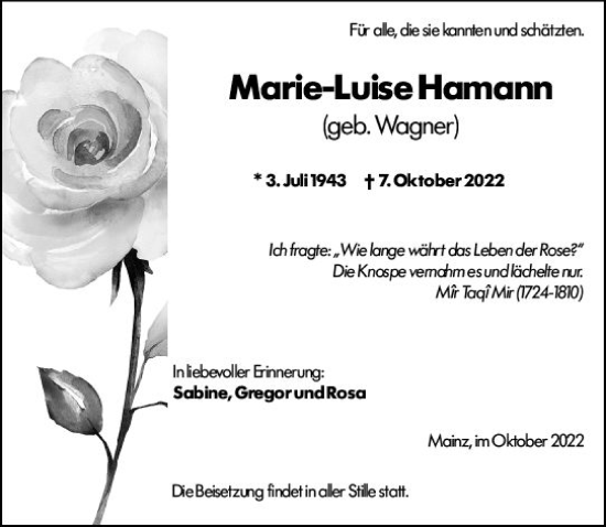Traueranzeige von Marieluise Hamann von vrm-trauer Allg. Zeitung Bad Kreuznach