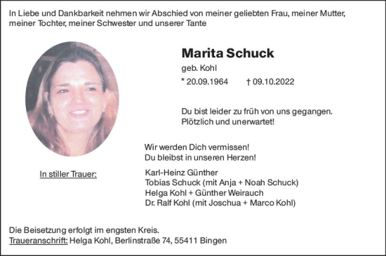 Traueranzeige von Marita Schuck von vrm-trauer Allgemeine  Zeitung Ingelheim-Bingen