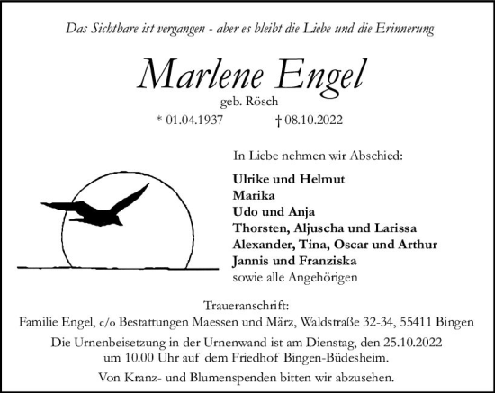 Traueranzeige von Marlene Engel von vrm-trauer Allgemeine  Zeitung Ingelheim-Bingen