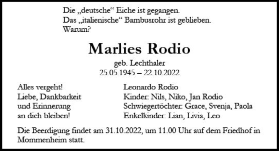 Traueranzeige von Marlies Rodio von vrm-trauer AZ Mainz