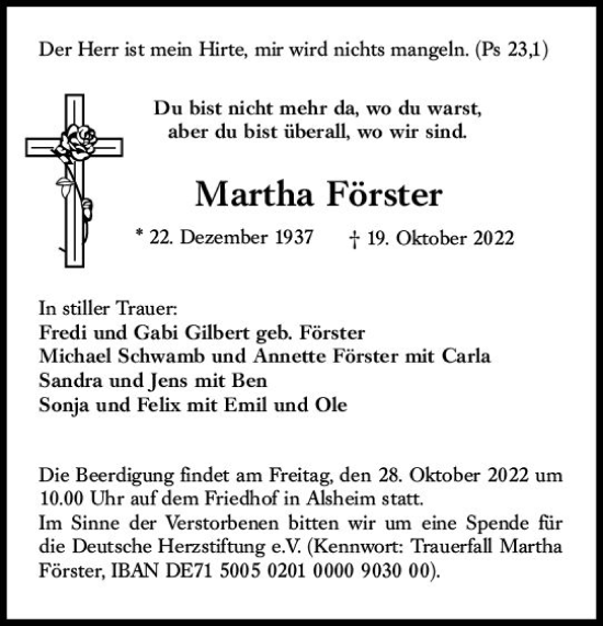 Traueranzeige von Martha Förster von vrm-trauer Wormser Zeitung
