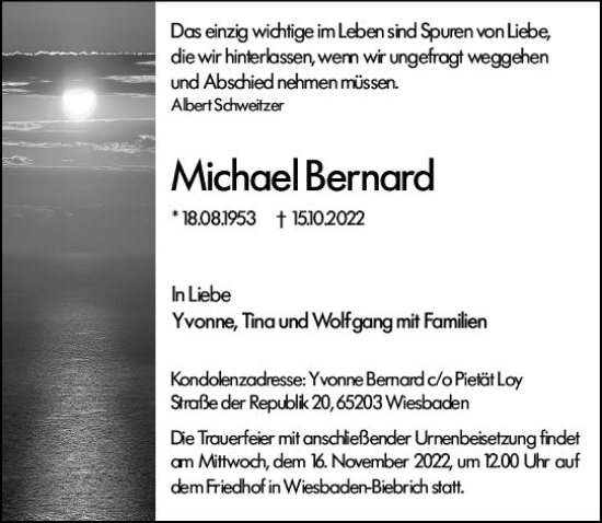 Traueranzeige von Michael Bernard von vrm-trauer Wiesbadener Kurier