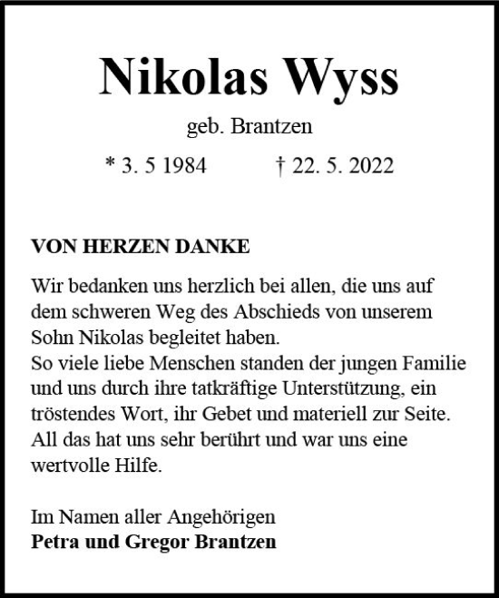 Traueranzeige von Nikolas Wyss von vrm-trauer AZ Mainz