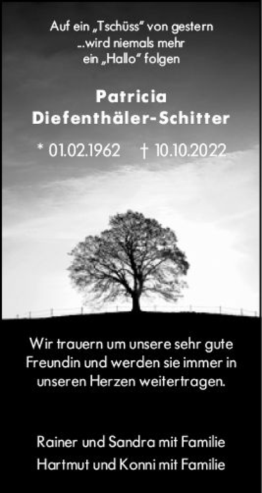 Traueranzeige von Patricia Diefenthäler-Schitter von vrm-trauer Allgemeine Zeitung Alzey