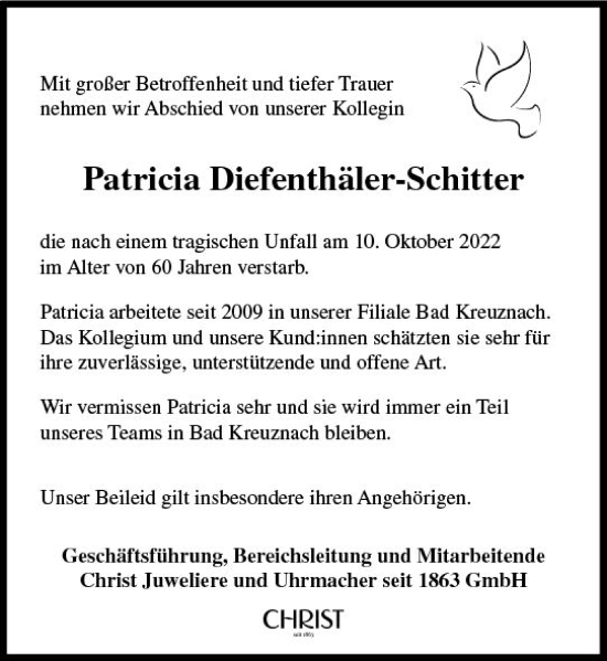 Traueranzeige von Patricia Diefenthäler-Schitter von vrm-trauer Allg. Zeitung Bad Kreuznach
