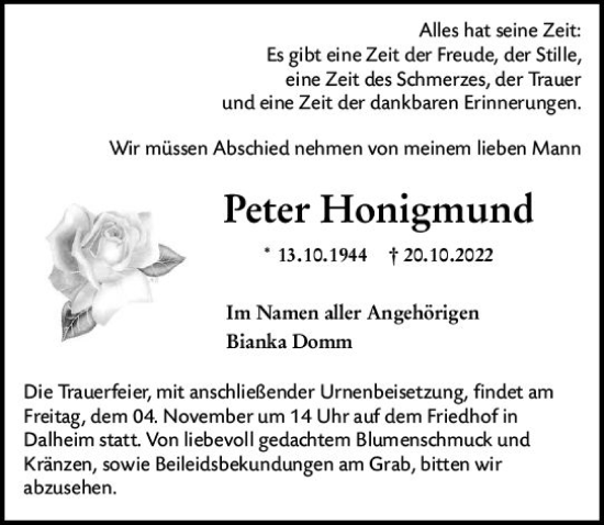 Traueranzeige von Peter Honigmund von vrm-trauer AZ Mainz