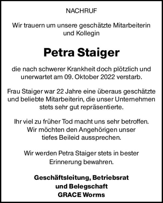 Traueranzeige von Petra Staiger von vrm-trauer Wormser Zeitung