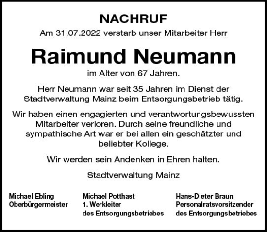 Traueranzeige von Raimund Neumann von vrm-trauer AZ Mainz