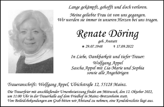Traueranzeige von Renate Döring von vrm-trauer AZ Mainz