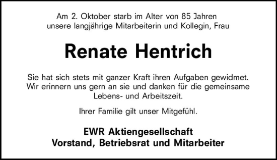 Traueranzeige von Renate Hentrich von vrm-trauer Wormser Zeitung