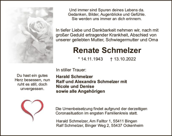 Traueranzeige von Renate Schmelzer von vrm-trauer Allgemeine  Zeitung Ingelheim-Bingen
