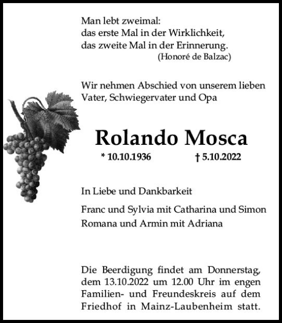 Traueranzeige von Rolando Mosca von vrm-trauer AZ Mainz