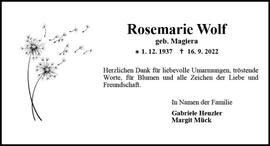 Traueranzeige von Rosemarie Wolf von vrm-trauer AZ Mainz