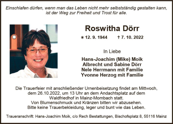 Traueranzeige von Roswitha Dörr von vrm-trauer AZ Mainz