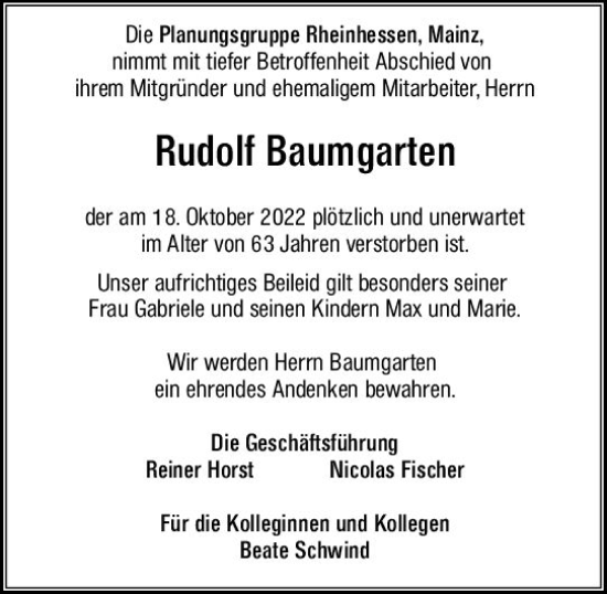 Traueranzeige von Rudolf Baumgarten von vrm-trauer AZ Mainz