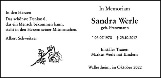 Traueranzeige von Sandra Werle von vrm-trauer Allgemeine Zeitung Alzey