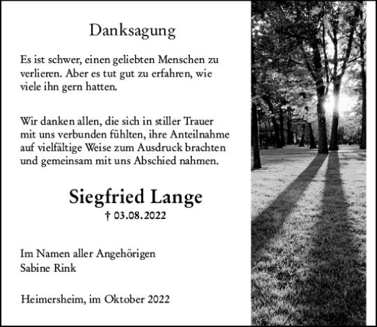 Traueranzeige von Siegfried Lange von vrm-trauer Allgemeine Zeitung Alzey