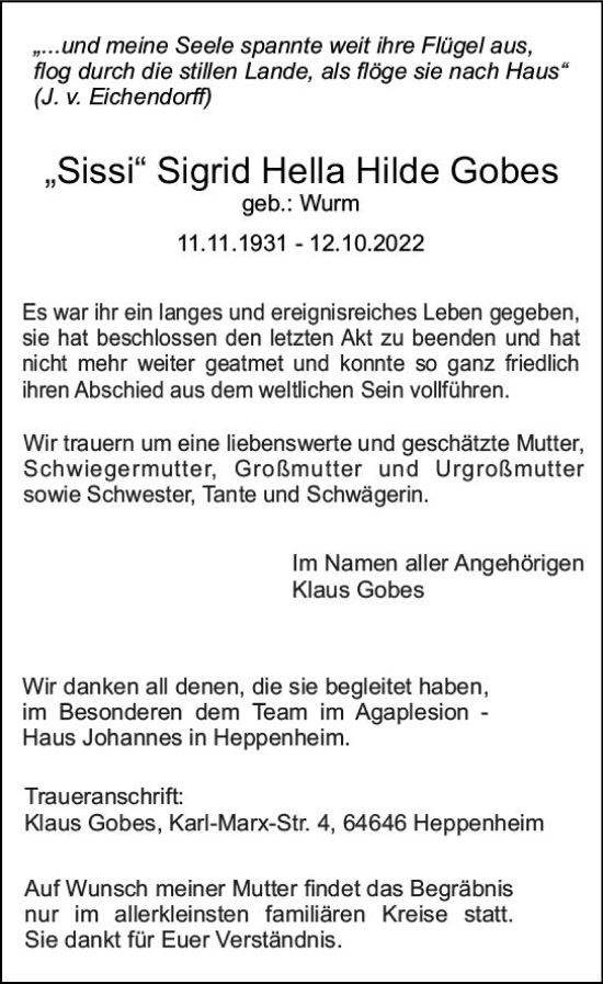 Traueranzeige von Sigrid Hella Hilde Gobes von vrm-trauer Bürstädter/Lamperth. Ztg/Starkenburger