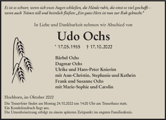 Traueranzeige von Udo Ochs von vrm-trauer Allgemeine Zeitung Alzey